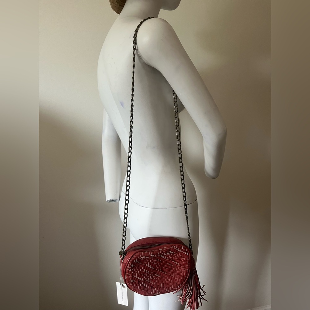 Anthropologie Woven Vegan Leather Chunky Chain TASSEL Crossbody Bag Red - Picture 3 of 12